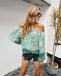FLORAL LONG SLEEVE BLOUSE: Turquoise / S