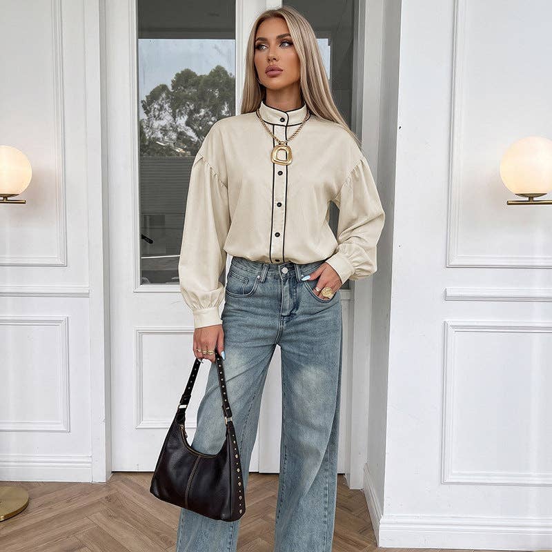 Women's Balloon Sleeve Contrast Trim Button Down Blouse: Beige / 97% Polyester+3% Elastane / S