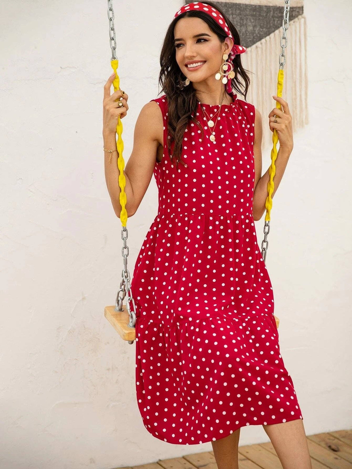 POLKA DOT RUFFLE HEM MIDI DRESS: Blue / S
