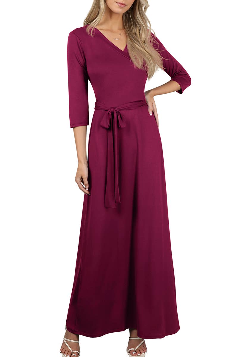 AWDMD283_3/4 Sleeve Knit Long Dress: VIOLET / (L) 1
