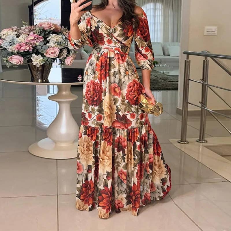 Elegant print V-neck long dress with wide skirt: Red / XL