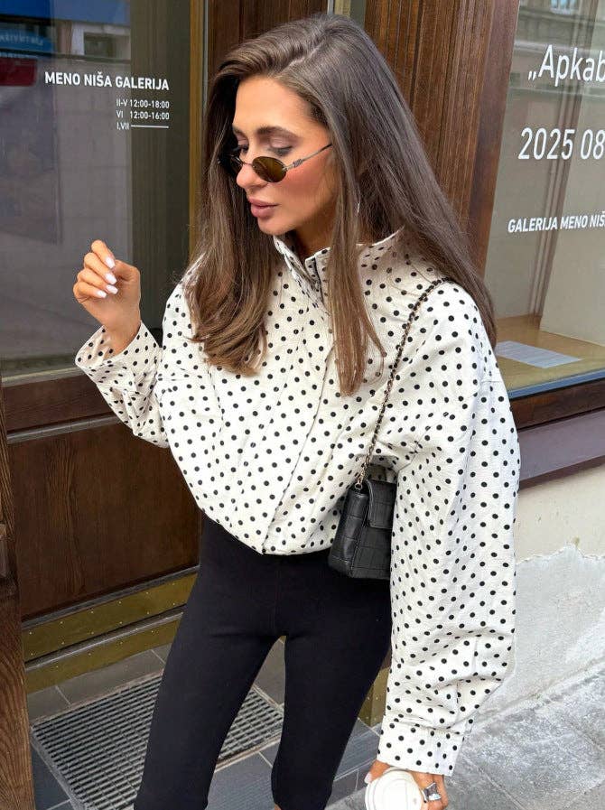 Polka Dot Woven Jacket Trendy Zip Up Stand Collar: White / 100%Polyester / S
