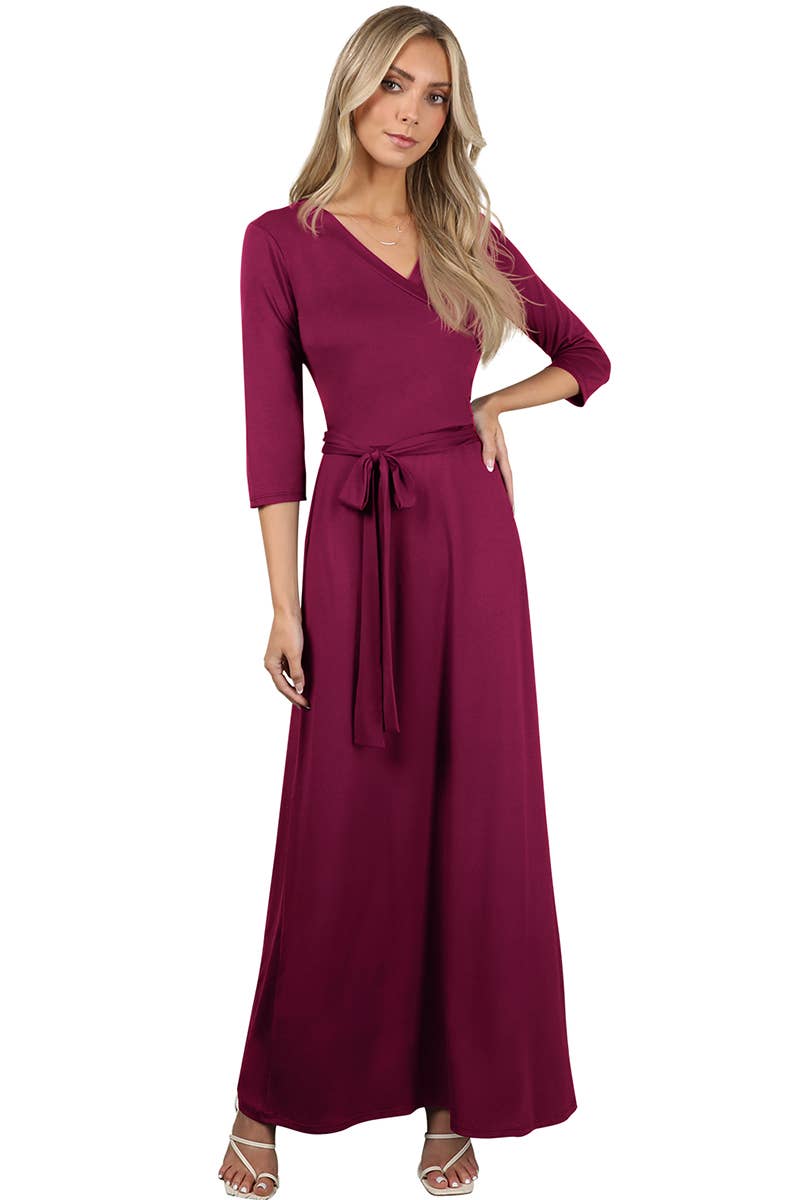 AWDMD283_3/4 Sleeve Knit Long Dress: VIOLET / (XL) 1