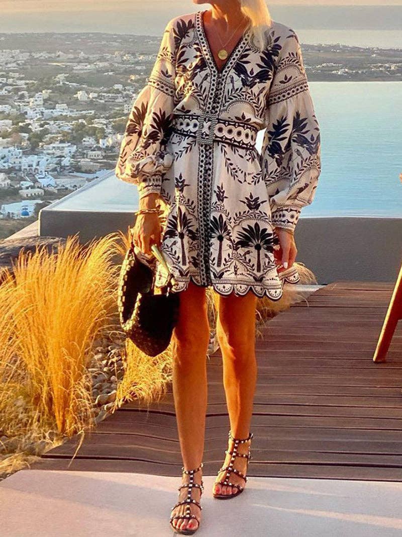 Graphic Long-Sleeve Mini Dress: MULTI / S
