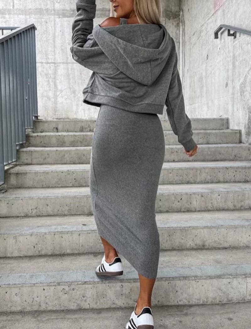 Hooded V-Neck Top and Sleeveless Midi Dress Set: GREY / M
