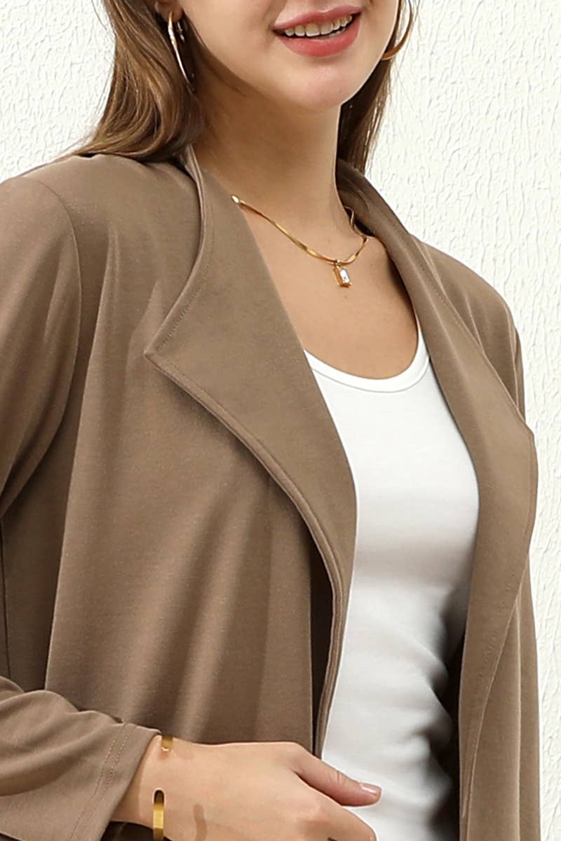 CWOCO153_DRAPE OPEN FRONT OFFICE TRENCH JACKET BLAZER: BROWN / (L) 1