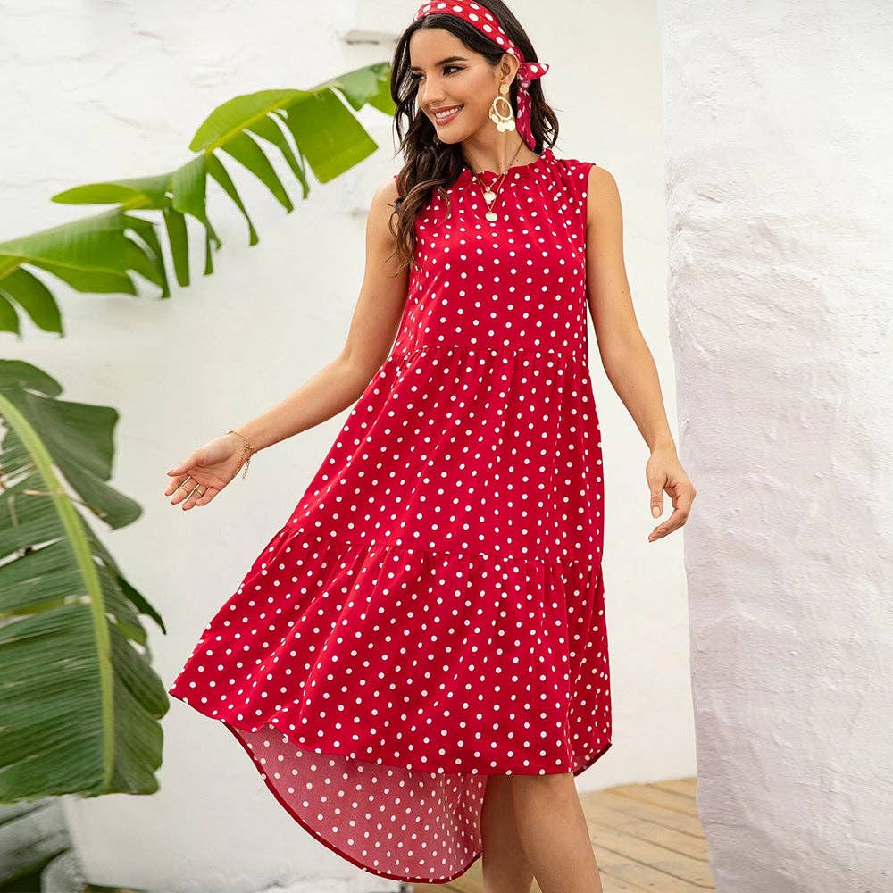 POLKA DOT RUFFLE HEM MIDI DRESS: Blue / S
