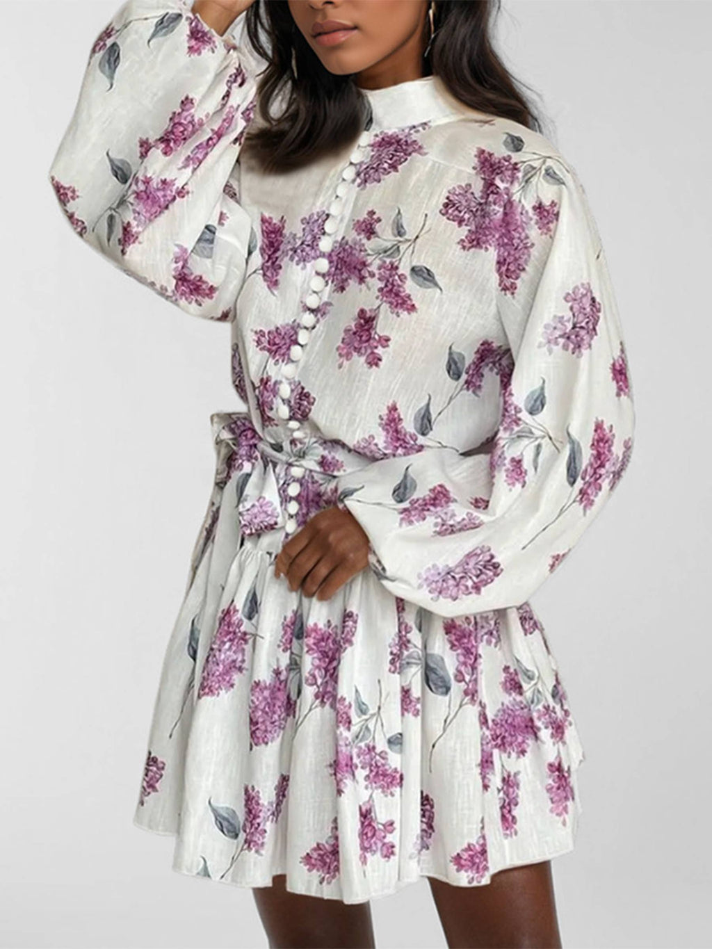 Long Sleeved Lace Up Printed Dress: Red / S