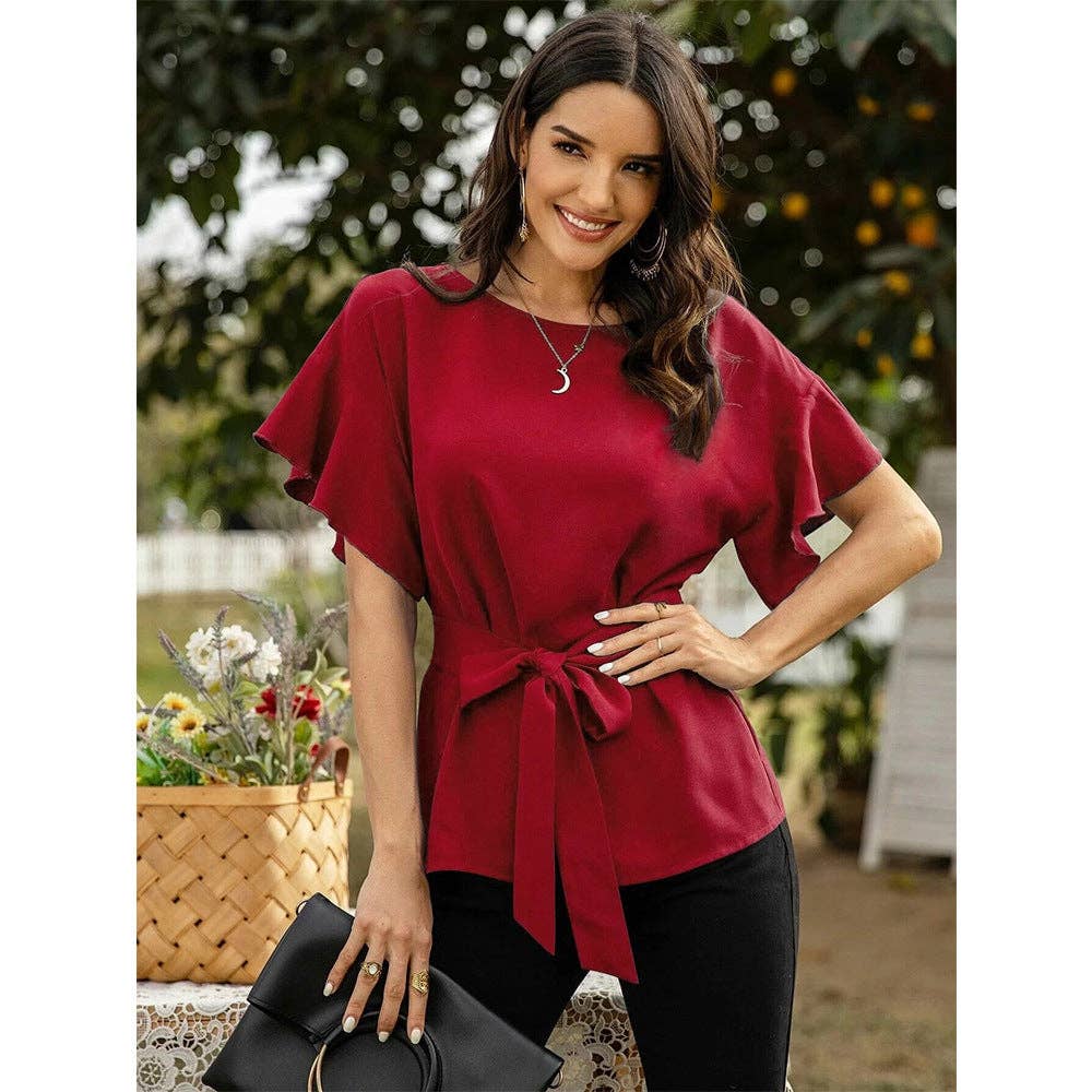 Women's Front Tie Crew Neck Blouse: Green / Large