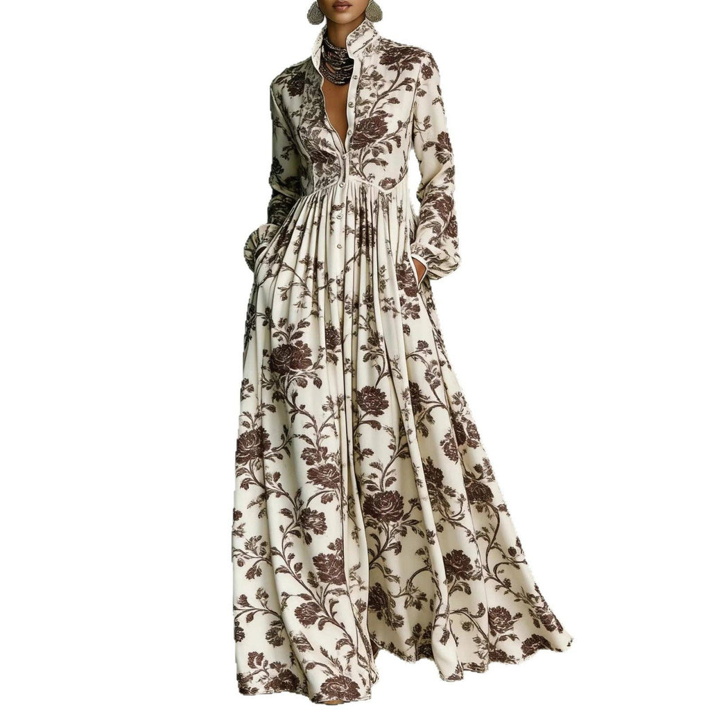 Vintage Floral Maxi Dress Long Sleeve Button Down Pockets: Brown / 100%Polyester / S