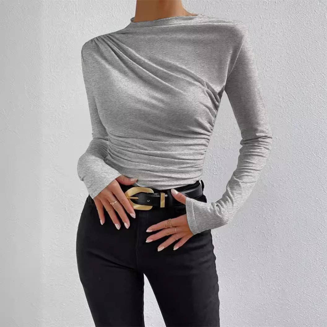 Ruched Mock Neck Fitted Long Sleeve Layering Top: White / 95%cotton+5%Spandex / XS