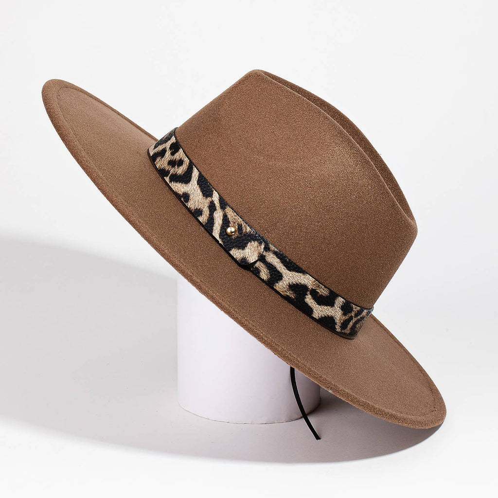 Leopard Strap Flat Brim Fedora Hat: BE