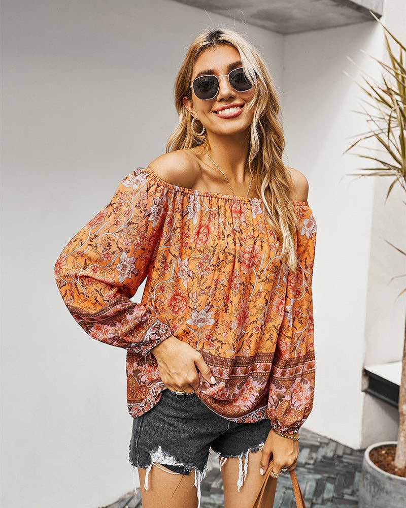 FLORAL LONG SLEEVE BLOUSE: Navy / XL