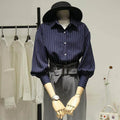 Autumn New Women's Striped Shirt Retro Vintage Office Wear: BLUE / S