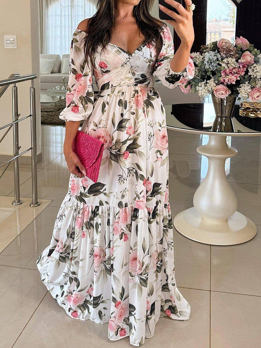 Elegant print V-neck long dress with wide skirt: Red / M