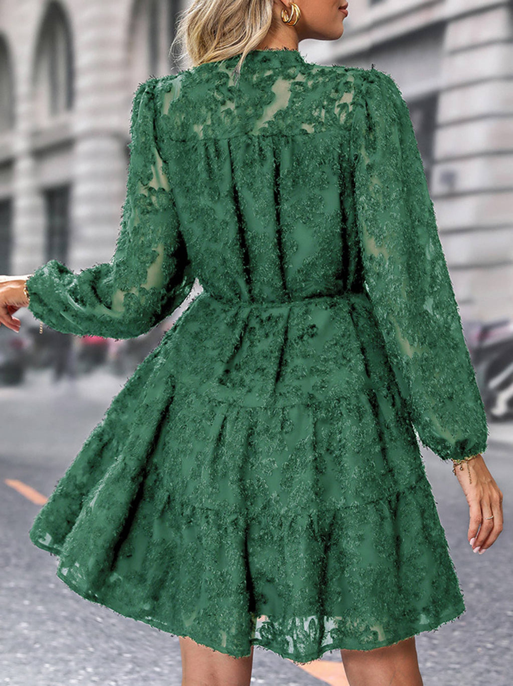 Long Sleeved Lace Jacquard Dress: Beige / L